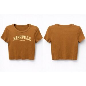 Social Culture Nashville Graphic Crop Top Womens L Brown Ribbed Cotton Western
